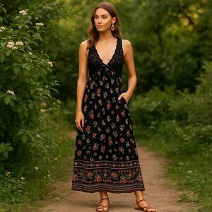 Angie Boho Black Crochet and Floral Dress Size Small